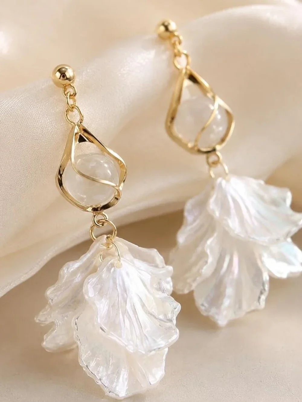 White Shell Petal Drop Earrings Dangle Floral